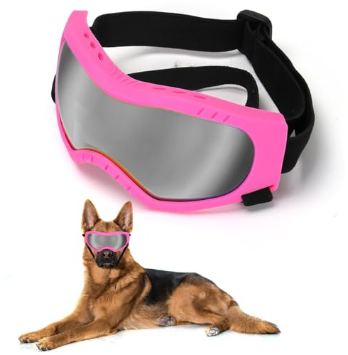 Dog Sunglasses Dog Goggles Pet Glasses Pet Eyewear with Adjustable Strap, Glasses for Medium Large Dog Swimming Skating Glasses UV Proof Windproof Dustproof (Pink Frame + Gray Lens)