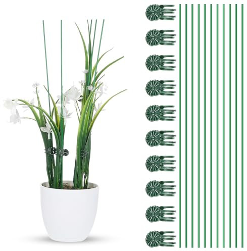 10 Pcs Plant Support Stakes with 10 Pcs Plant Clips, Bendable Garden Floral Flower Support Stake, Plant Sticks Help for Support Tall and Thrive, Plant Support Clips Set for Outdoor and Indoor Plants