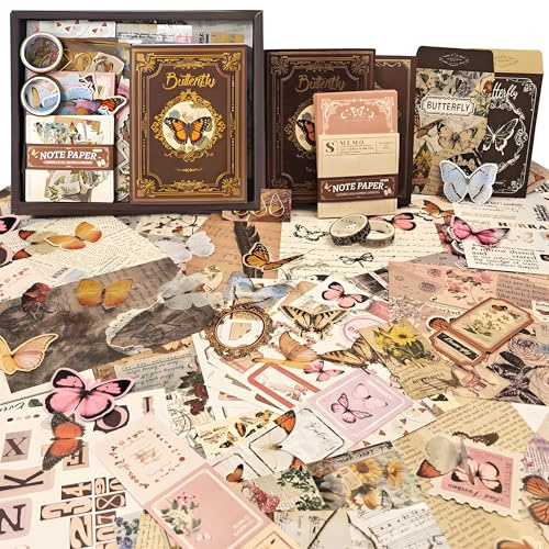 ROEOWENE 394pcs Kit Scrapbooking Journal Accesorios Journal Kit Pegatinas diy Scrapbooking Materiales Papeleria Aesthetic Diario Album Scrapbook Manualidades Regalos Mujeres-Mariposa Marrón