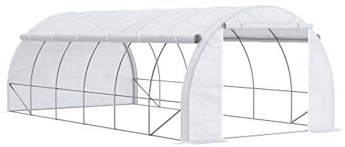 Outsunny Serre de Jardin 18 m² dim. 6L x 3l x 2H m avec Porte + parois latérales zippées enroulables, 12 fenêtres, Acier PE Haute densité 140 g/m² Anti-UV Blanc