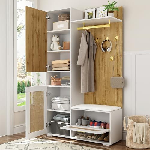 Moimhear Garderoben-Set, 110x38x190cm, Kleiderschrank-Set mit Spiegel, 5 goldenen Kleiderhaken, Schuhschrank, Wandgarderobe, Sitzbank und 16-Farbiger LED-Beleuchtung