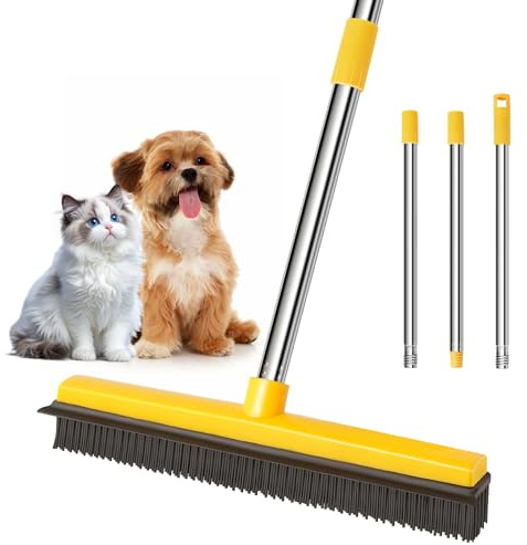 Rubber Broom for Pet Hair Removal, Carpet rake with Squeegee for Cleaning Pet Hair, 52 inch Long Handle Rubber Broom,Dual-Sided for Small Fluff Carpet, Hardwood Floor, Tile,Orange