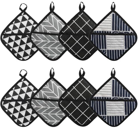 CATELL 8 Pezzi Presine da Cucina, 18 x 18 cm Presine Cucina Antiscivolo Resistenti al Calore Presine in Cotone per Cucinare Feste Casa Barbecue Forno Nero Blu e Grigio
