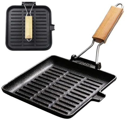 Ruioomeep Sartén para carne de hierro fundido con mango de madera plegable, sartén de hierro fundido presazonada, sartén cuadrada esmaltada, fácil de limpiar para todos los tipos de cocina (20 x 20 cm