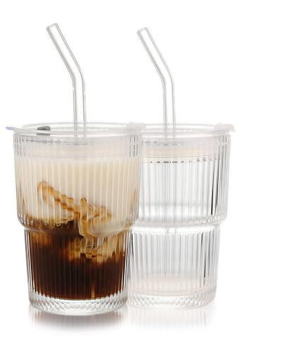 WeirdUncle Ribbed Glass Tumbler with Lids and Straws, Vintage Clear Glass cups, Large capacity, Unbreakable, Fluted Design, Ideal for Travel, Iced Coffee,Smoothie, Tea, Latte, Gift (2pc 14oz)
