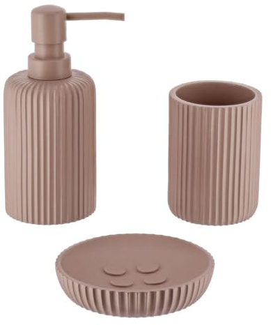 Tendance - Set Gobelet Distributeur à Savon et Porte Savon Polyrésine Striée - Cappuccino - Salle de Bain - Accessoire Salle de Bain à Poser