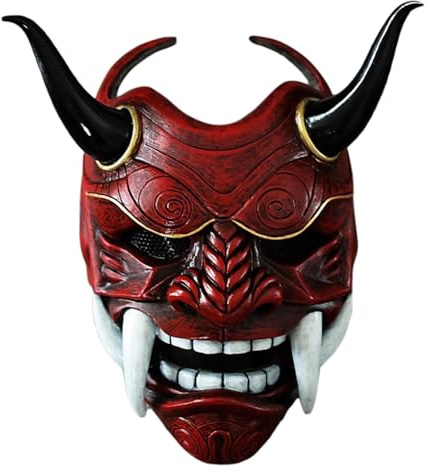 Cndiyald Hannya samuraj mask latex heltäckande ansikte med tänder horn, skrämmande japanskt spöke för halloween cosplay fest röd