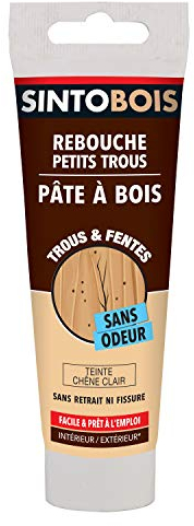 SINTOBOIS - Rebouche Petits Trous - Pâte à Bois Sans Odeur - Prêt à l'Emploi - Sans Solvant - Sec en 4h - Intérieur et Extérieur - Ne se Rétracte pas - Ton Pin - Technique Professionnelle - 80 g