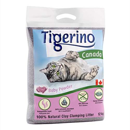 Tigerino Premium Katzenstreu, ergiebige Klumpstreu aus Naturton-Granulat: feinkörnig, schnelle und Starke Klumpenbildung, bindet Gerüche (2x12kg, Babypuder)