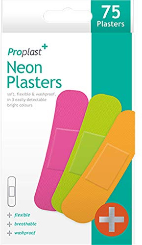 PROPLAST Neon Waterproof Plasters for Kids - Brightly Coloured, Easily Detectable Assorted - 75 Pieces