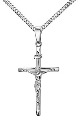 JEVELION Kreuz-Anhänger Weiss-Goldkreuz Jesus Christus mit INRI-Gravur für Damen, Herren und Kinder als Kettenanhänger 585 Weissgold 14 Karat mit Panzer-Kette + Schmuck-Etui