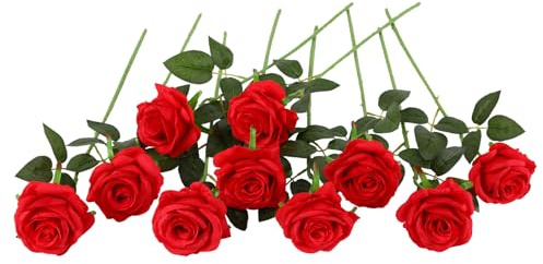 Nubry Flor de Rosa de Seda Artificial de un Solo Tallo de Rosa Falsa para el Ramo de Bodas Arreglos Florales Decoración del Centro de Mesa para Fiestas en casa, 10pcs (Rojo)