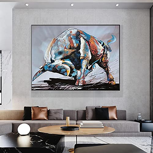Corrida de toros española Pintura en lienzo Toro colorido Carteles e impresiones Animal abstracto Arte de la pared Imágenes para la decoración de la sala de estar 90x123cm (35x48in) con marco negro