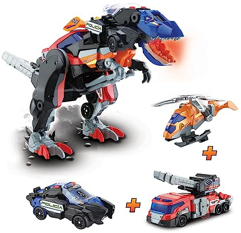 VTech - Switch&Go Dinos 4 en 1 Mega T-Rex S.O.S., Superdinosaurio Combinado de Tres vehículos de Emergencia, Dinosaurios y Figuras de acción, Juguete para niños +3 años, Versión ESP