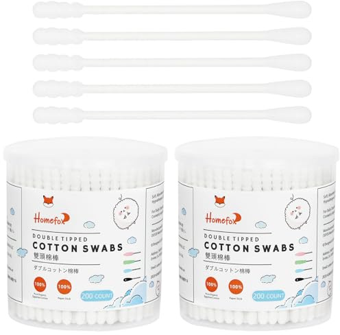 HOMEFOX Cotton Swabs Spiral Slim - 400 Count Organic Cotton Buds Double Side Tightly Wrapped Cotton Tips Paper Stick Soft Gentle Lint-Free Cruelty-Free, Round & Spiral (White)