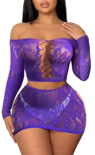Buitifo Ensemble de Lingerie Femme Fishnet Babydoll Bodysuit Nuit Sexy Dentelle 2 Pièces (Violet,Taille Unique)