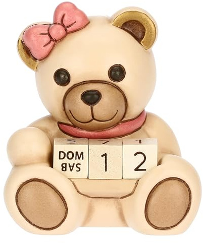 THUN, Mini Calendario Teddy Lei in Ceramica Decorata a Mano, Idea Regalo, 6.6 x 5.7 x 7.7 cm h