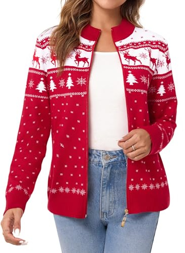 Sykooria Cardigan Natalizi Donna con Zip, Alce di Natale Maglione Natale Cerniera Leggero Giacca in Maglia Elegante Golfino a Maniche Lunghe Cardigan Casual per Invernale, Rosso M