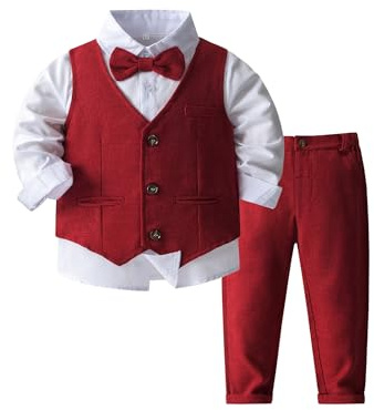 Zaldita Completi Eleganti da Gentiluomo per Neonato Bambino Gilet Camicia Fiocco Pantaloni Smoking da Battesimo Completo da Cerimonia da Festa di Compleanno Party Rosso Scuro 5-6 Anni