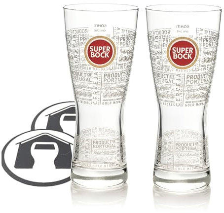 GarageBar Vaso de cerveza Super Bock Pint | nucleado | pinta a borde | Producto oficial | Viene con 2 alfombrillas de goteo de cerveza | 2 vasos