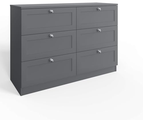 FWStyle 6 Drawer Chest of Drawers Grey Bedroom Storage Cabinet with Panelled Fronts, Chrome Knob Handles & Deep Drawers, H77 x W110 x D40cm