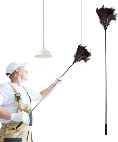Ostrich Feather Duster,42-115cm Extendable Stainless Steel Handle for Cleaning,Long Handle Duster with Metal Handle for High Ceilings,Lamps, Cabinets, Furniture