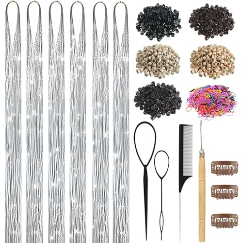 Silver Hair Tinsel Kit for Girls 1800 Strands Fairy Tinsel Hair Extensions Holographic Hair Tinsel Heat Resistant Colored Hair Glitter Christmas Party Festival (Silver)