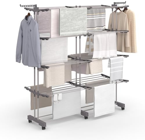 IDMarket - Séchoir à Linge Vertical Pliable et Extensible 4 Niveaux Maxi capacité 50M INOX et Gris