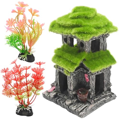 Hoypeyfiy Realistic Aquarium Decor Simulated Moss Aquarium Decoration Fish House Double-Layer Hiding Spot for Tropical Fish Tanks Includes 2 Artificial Plants