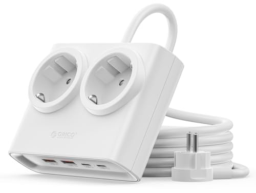 ORICO Regleta Enchufes 6-en-1 PowerBrick Blanco - 2 Tomas AC + 4 USB (2 USB-C PD), Carga Rápida 25W GAN, Cable 1,6m, 2500W MAX para Hogar, Oficina, Mesa(PDC)