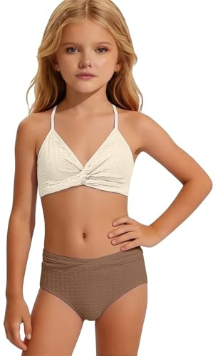 Maillot de bain élégant en deux pièces pour femmes - Bikini dos nu pour filles, adolescents et jeunes - Sous-vêtements pour l'été, la plage, la piscine, les vacances, beige, 13-14 ans