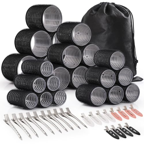 Rulos Pelo Grandes Autoadhesivas 48 Piezas,Wyngee Incluye 24 rulos autoadhesivos 12 horquillas 12 pinzas para separar el cabello y estuche de almacenamiento Rizadores sin calor para dar volumen, ondas