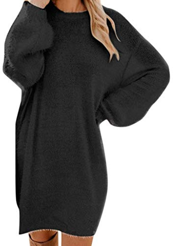Damtröja, lång tröja, överdimensionerad tröjklänning, lös långärmad vinterklänning med fladdermusvinge varma tröjor, vackra tröjor, ledig rund hals, eleganta sweatshirts klänningar, Svart, S