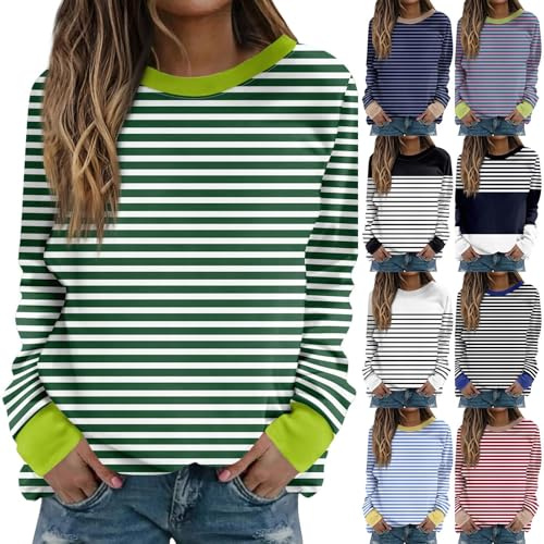 Randig tröja rund hals långärmad tröja dam randig långärmad | Fashionabel tröja ledig topp vår och höst randig tröja – sweatshirt dam utan huva