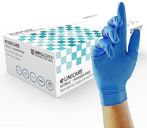UNIGLOVES Unicare GS0032 Guanti Blu in Nitrile - Guanti Monouso, Senza Polvere, Privi di Lattice, Ideale per Uso Medico e Alimentare, Ambidestri, Usa e Getta, Resistenti agli Agenti Chimici, Taglia S