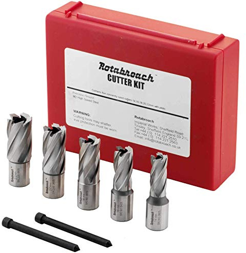 Rotabroach Annular Cutter Set 7pc - RAPK2000 Magnetic Drilling Annular M2AL HSS Steel Cutting Drill Bits 5 piece Kit 14, 16, 18, 20 & 22mm, plus Pilot Pins