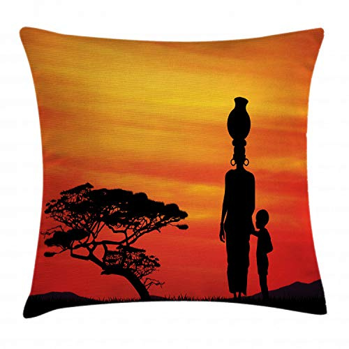 ABAKUHAUS Africano Funda para Almohadón, Madre e Hijo, Estampa Digital en Ambos Lados con Cremallera, 40cm x 40cm, Escarlata Amarillo