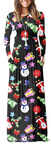 AUSELILY Mujer Vestidos Largos de Manga Larga Sueltos Lisos de Talla Grande Vestidos Largos Casuales con Bolsillos Muñeco de Nieve de Navidad XXL