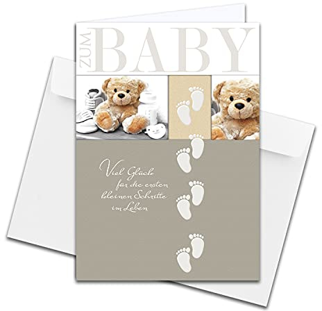 NEUSER PAPIER 1 Stück - XXL Glückwunschkarte Baby zur Geburt DIN A4 - große Babykarte - Set mit großem Umschlag DIN C4 - Teddybär mit Fußabdrücken - unisex, für Jungen und Mädchen