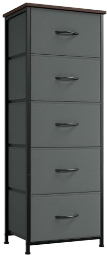 Somdot Commode Chambre, Commode en Tissu avec Cadre en Acier, Meuble de Rangement pour Salon Couloir Entrée, 30P x 42l x 114,5H (5 Tiroirs), Gris Charbon