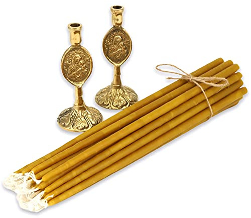 Theotokos - Set di 2 portacandele in ottone e 20 candele in pura cera d'api, coni ortodossi, per altare domestico