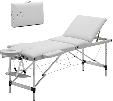 Mondeer Table de Massage Pliante, Lit Cosmétique Pliante Aluminium Professionnel, Lit de Massage Portable, avec Housse de Transport,3 Zone, Blanc