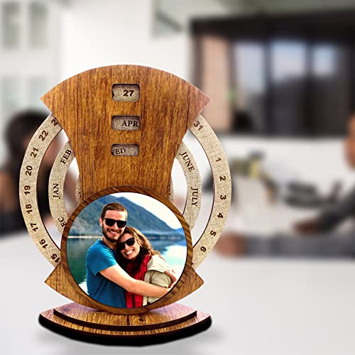 ZOCI VOCI Regalos Calendario de mesa personalizado de hoja perenne con foto insertable | Calendario perpetuo circular giratorio manual de madera con marco de fotos | Las mejores ideas para regalos