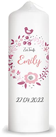 GRAVURZEILE Bedruckte Kerze - Taufkerze Vogelkranz - brilliant bedruckte Kerze zur Taufe - Personalisiertes Taufgeschenk für Mädchen & Jungen - Hochwertige Stumpenkerze 250/80 mm - Farbe: Rosa