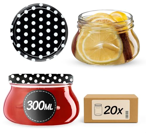 KADAX Små konserveringsburkar 300 ml, miniatyrburkar för honung och kryddor, syltburkar med lock, lufttäta burkar att ge bort (svart prickad 20 stycken)