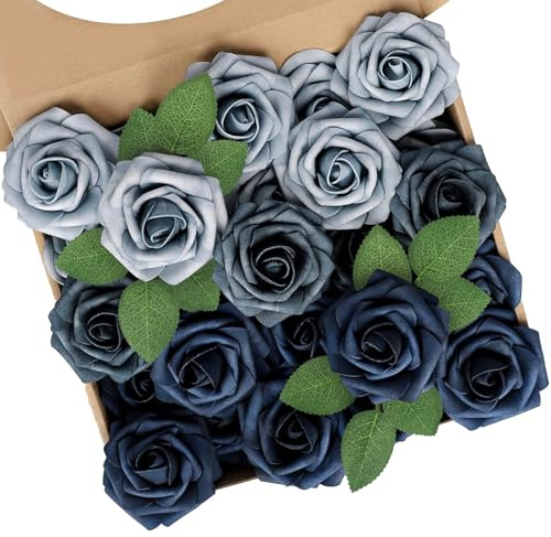 N&T NIETING Fiori artificiali, 25 pezzi, fiori finti, rose con steli, per matrimoni, mazzi di fiori, spose, baby shower, feste, decorazione per la casa, colore blu misto
