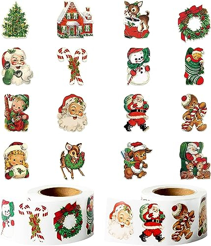 PANTIDE 1000 Stk. Vintage Weihnachts-Klebeetiketten-Walzen (2 Walzen) 16 Motive Cartoon Weihnacht Etiketten mit Santa Schneemann Rentier Weihnachtsbaum Selbstklebend Weihnachtsparty Ausrüstung