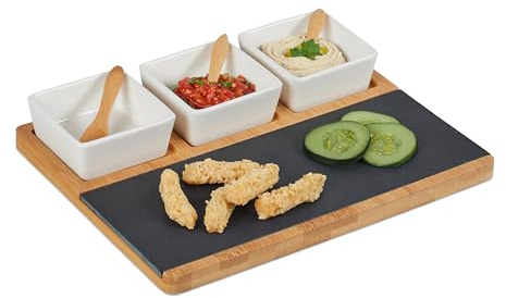 Relaxdays Servierschalen Set 8-TLG., mit Bambusbrett, Schieferplatte & Löffeln, für Dips, Antipasti, Tapas, Mehrfarbig