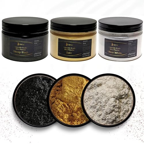 Epoxidharz Farbe Metallic (Gold/Schwarz/Weiß) 3x100g Set, AArtsZ Mica Powder Pulver, Farbpigmente, Perlglanz Natürliches kosmetisches Pigment für Lipgloss, Nagellack, Make-up, Seifenfarbe, Badebomben