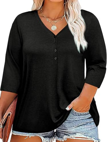 Fisoew Chemisier à Manches 3/4 pour Femme - Col en V Profond - T-Shirt avec Bouton - Tunique surdimensionnée, Noir, 3XL Grande Taille